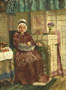 August Allebe Old woman by a hearth Germany oil painting artist